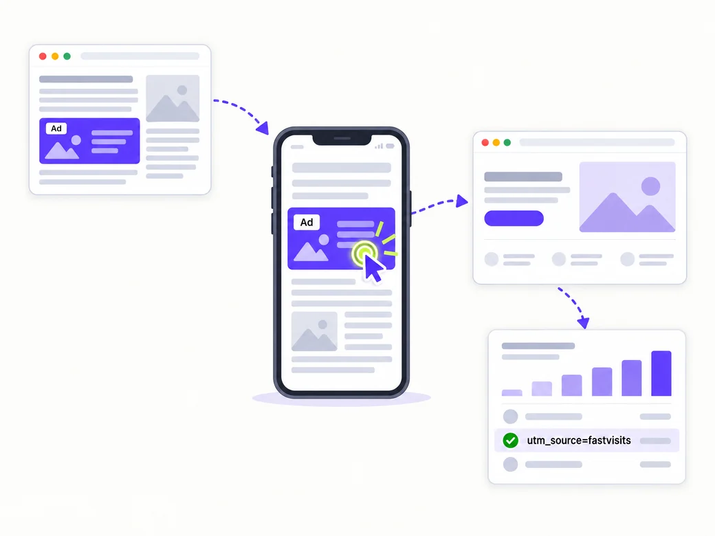 An ad on a publisher page is clicked on a phone, the visitor reaches your landing page, and your analytics lists the visit under utm_source=fastvisits.